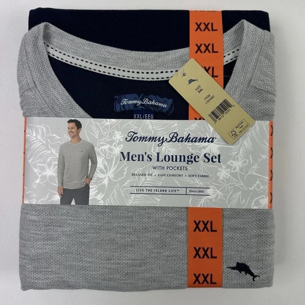 Tommy Bahama Pajamas Men's XXL Blue Grey Waffle Lounge Set 2-Piece Pants Shirt